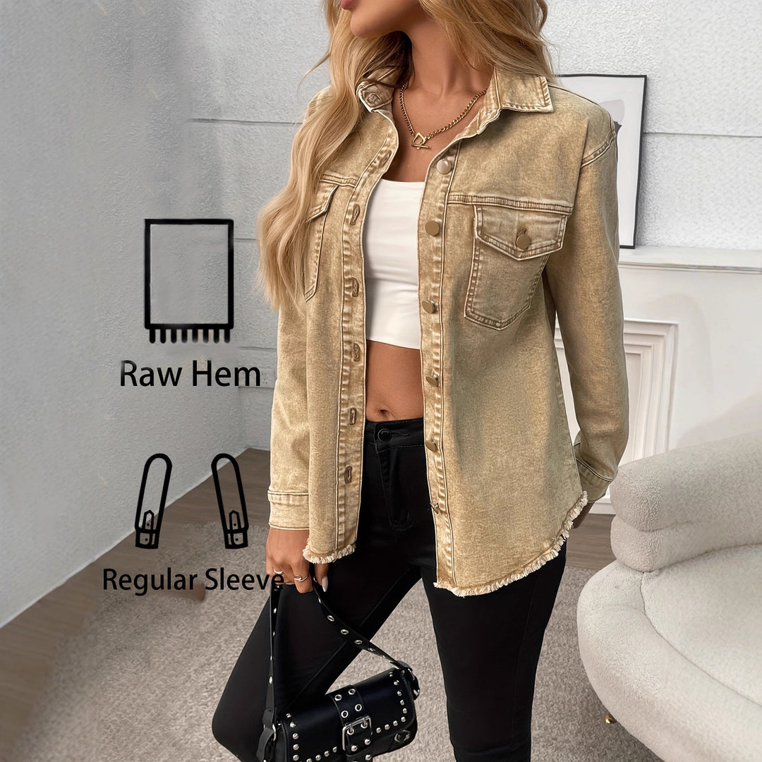Stretch long-sleeved loose denim jacket with pockets
