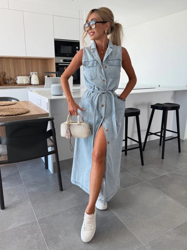 Sleeveless Button-Front Denim Maxi Dress