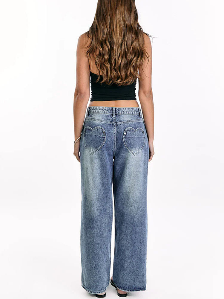 Retro heart-shaped back pocket loose jeans