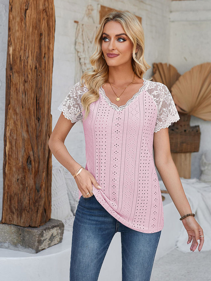 New V Neck Lace Splicing Loose Casual Eyelet T-Shirt