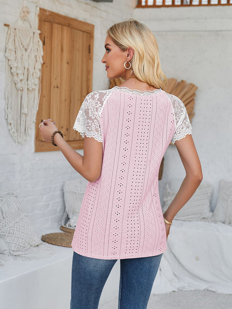 New V Neck Lace Splicing Loose Casual Eyelet T-Shirt
