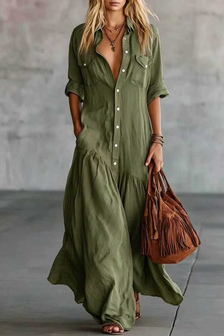 Tiered Pocket Shirt Maxi Dress
