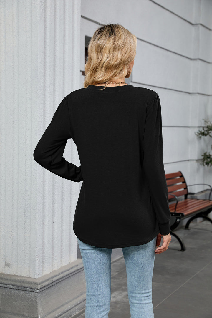 V-neck loose long-sleeved T-shirt top