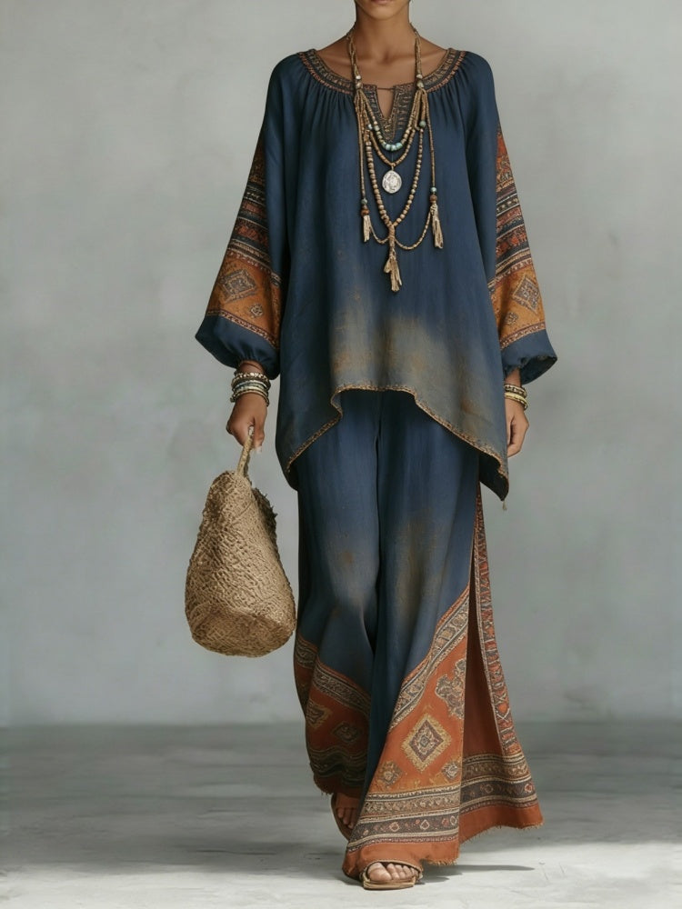 Boho Printed Tunic and Wide-Leg Pants Set