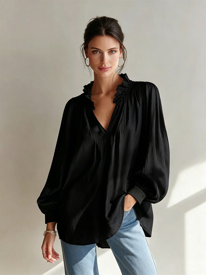 Loose-fit ruffled V-neck puff-sleeve shirt