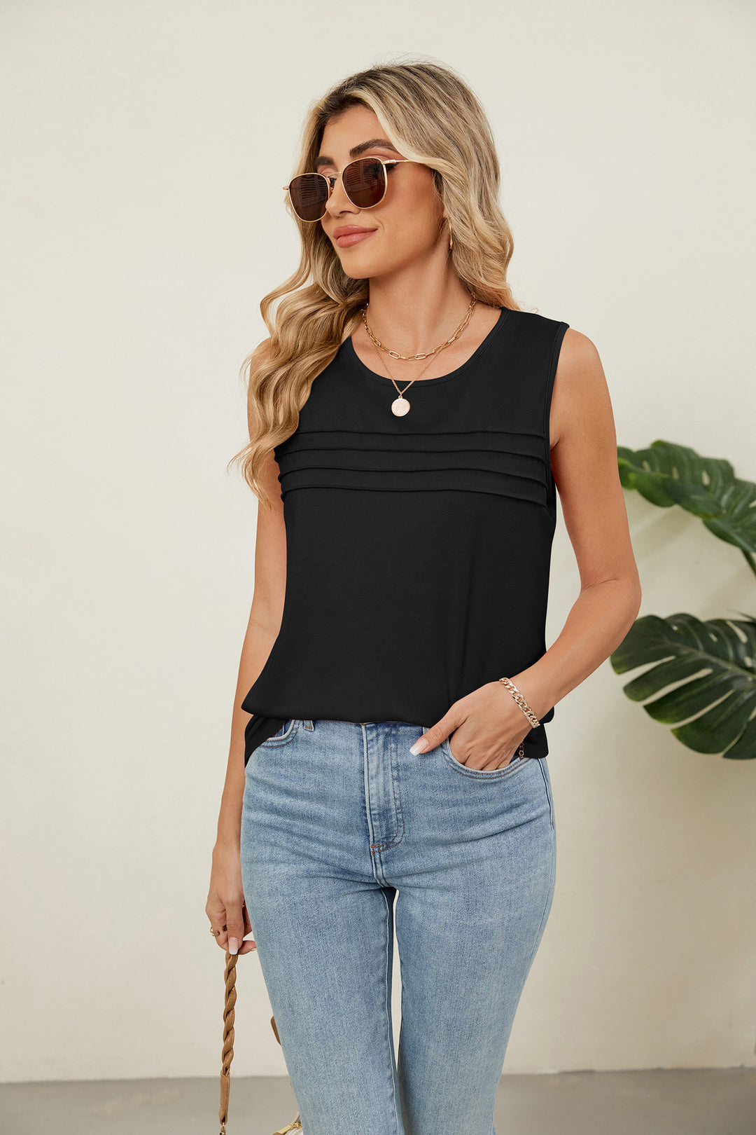 Solid color crew neck loose sleeveless T-shirt vest