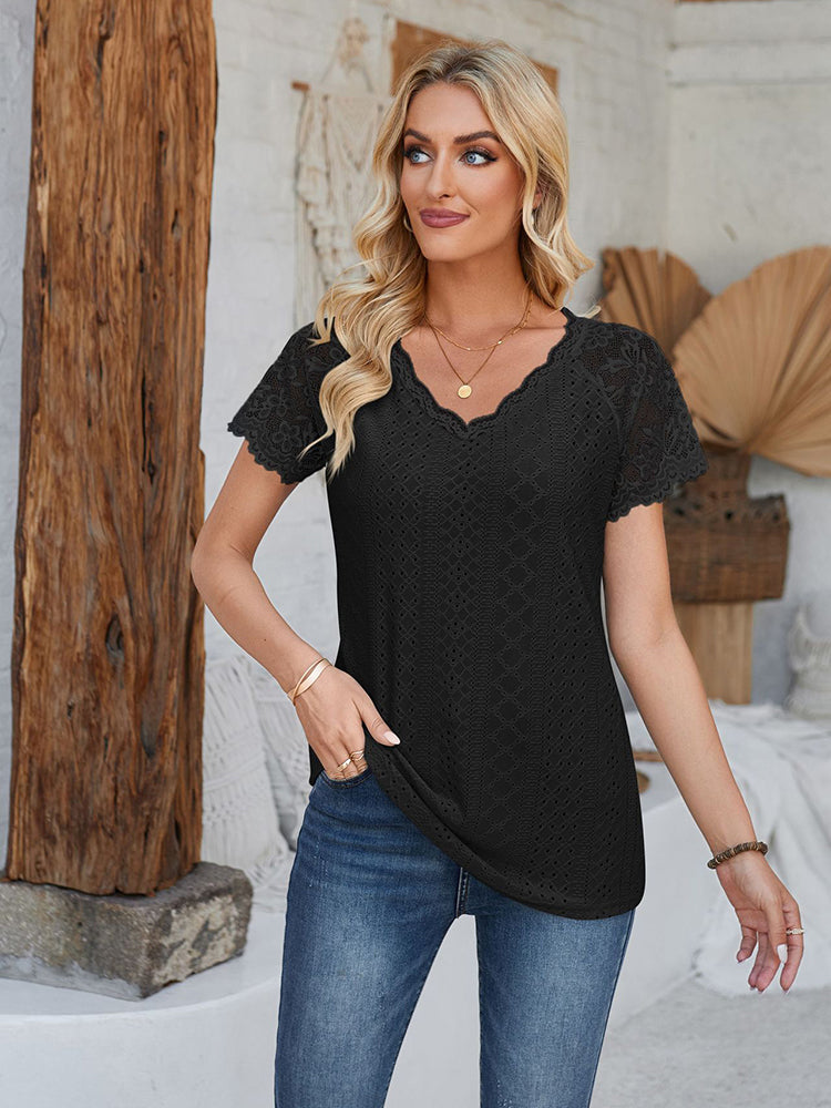 New V Neck Lace Splicing Loose Casual Eyelet T-Shirt