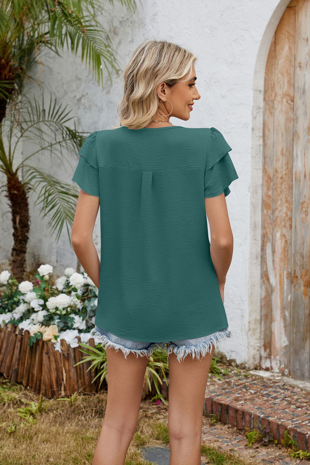 Solid color V-neck hollowed-out double-layer sleeve loose chiffon T-shirt