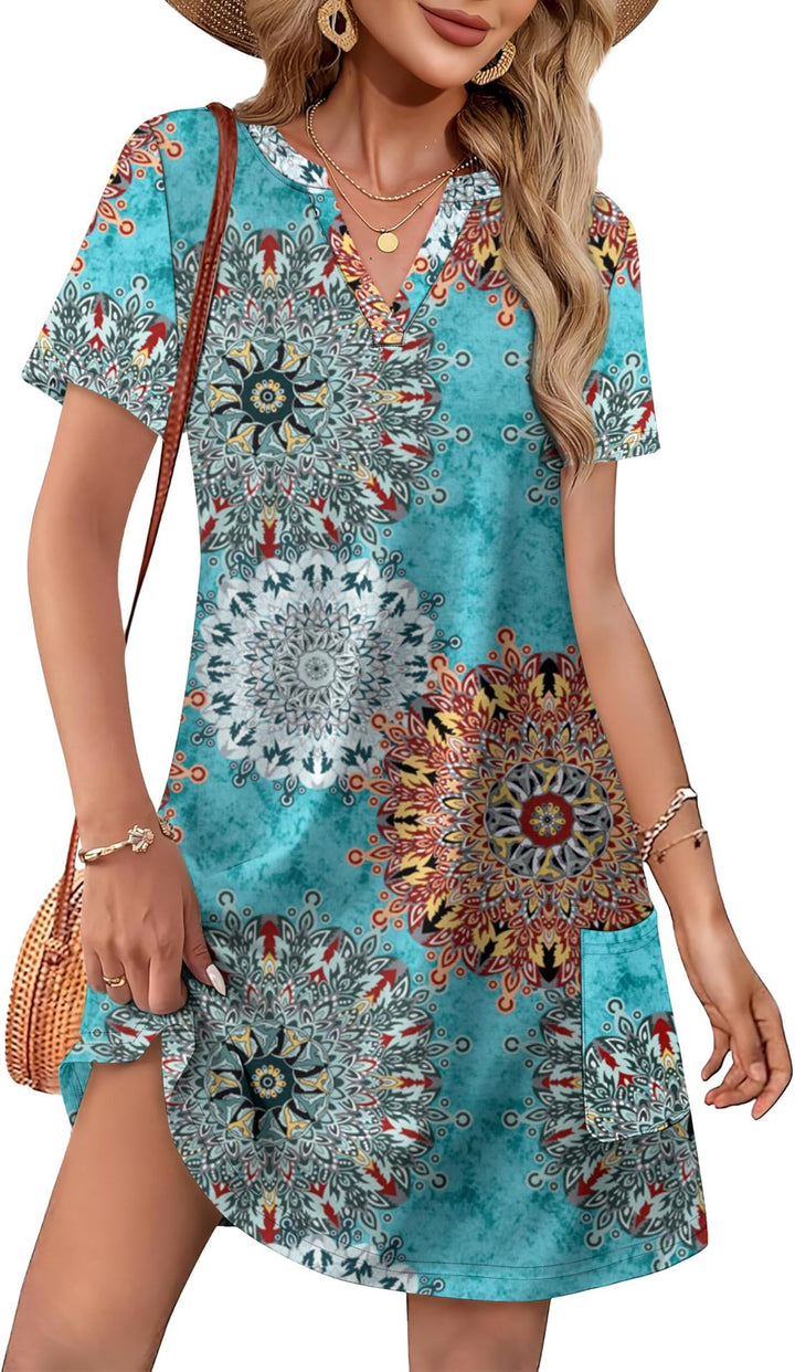 V Neck Short Sleeve Printed A-Line Tunic Dress with Pockets