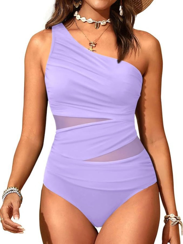 One Shoulder Mesh Ruched One Piece Swimsuit