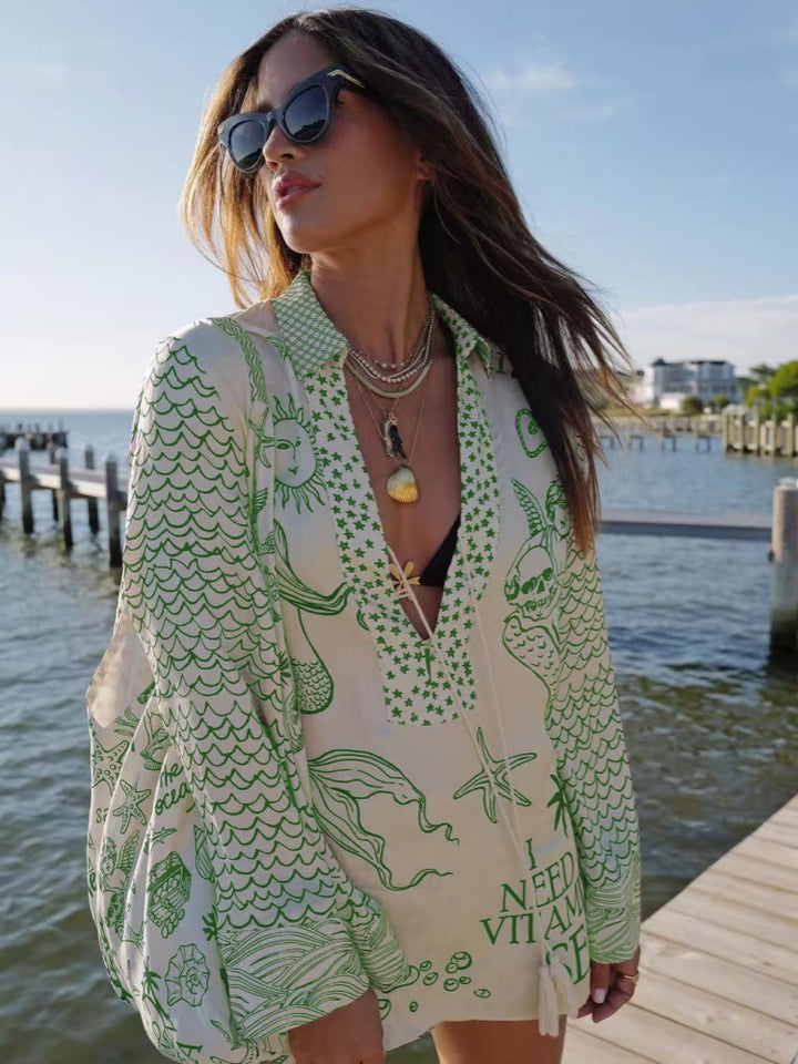 Nautical Print Oversized Shirt &amp; Shorts Set | Satin Beach Cover-Up 2-Piece