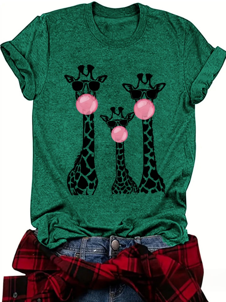 Funny Giraffe Family Bubblegum Print Crew Neck T-Shirt