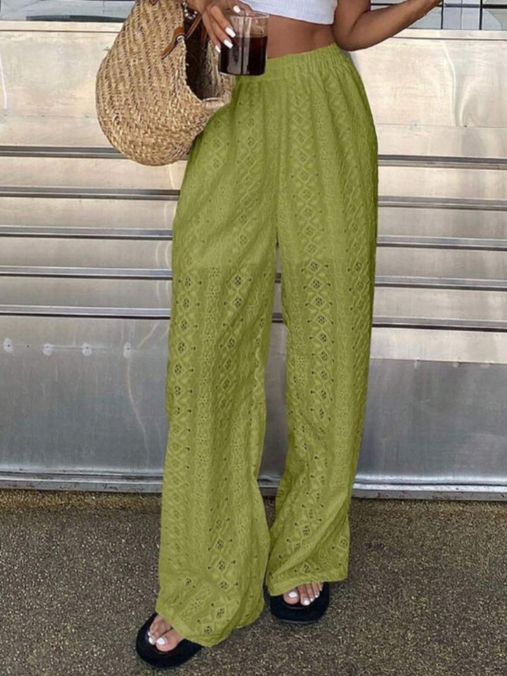 High Waisted Eyelet Lace Wide Leg Pants