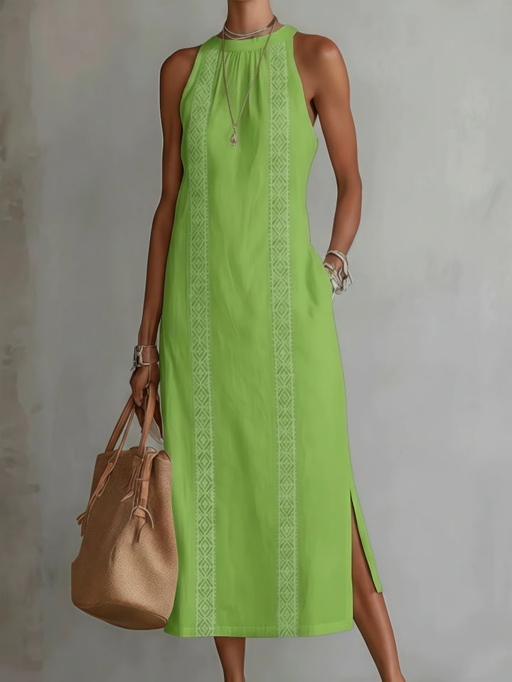 Lace-Trimmed Linen-Blend Halter Neck Midi Dress