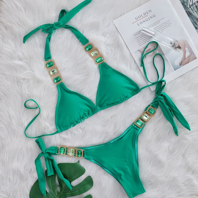 Crystal Embellished Halter Triangle Bikini Set