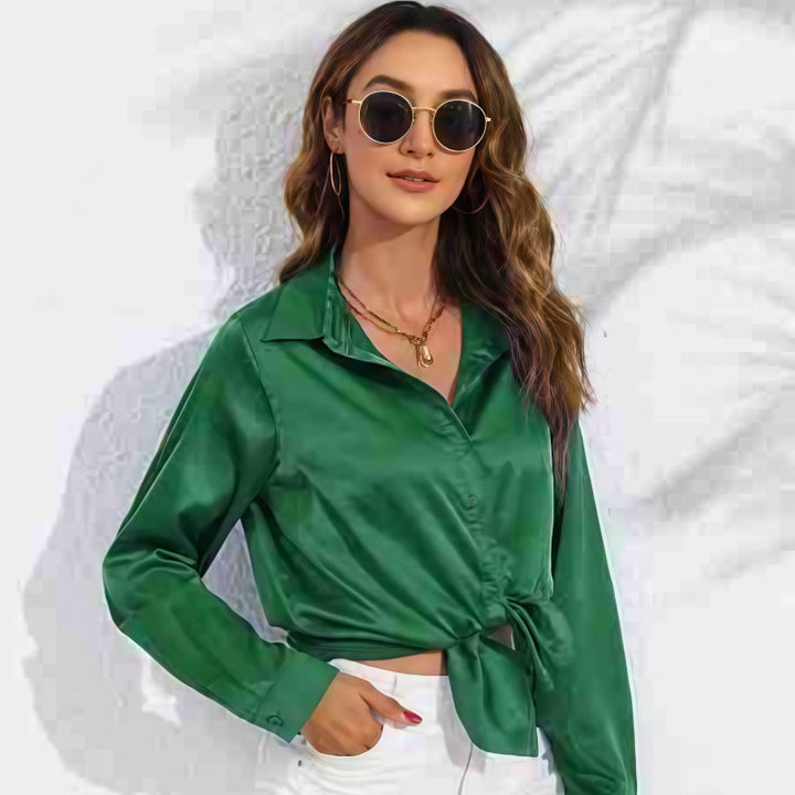 Satin Button-Down Shirt with Front Tie