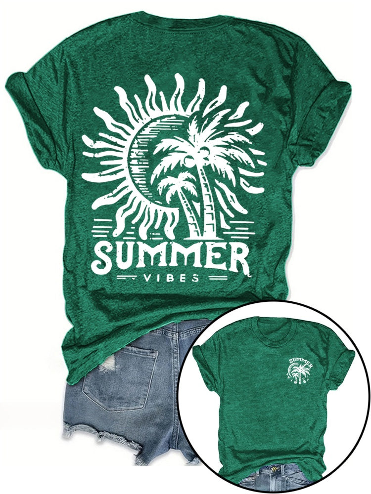 Summer Vibes Sun &amp; Palm Print V-Neck T-Shirt