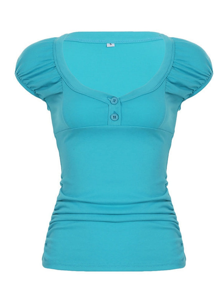 Puff Short Sleeve Button Front Ruched Slim Fit Crop Top
