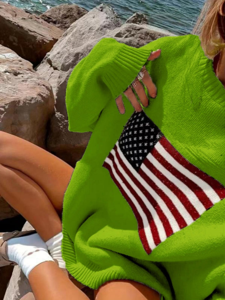 American Flag Oversized Knit Sweater - Soft Arctic Fleece Pullover