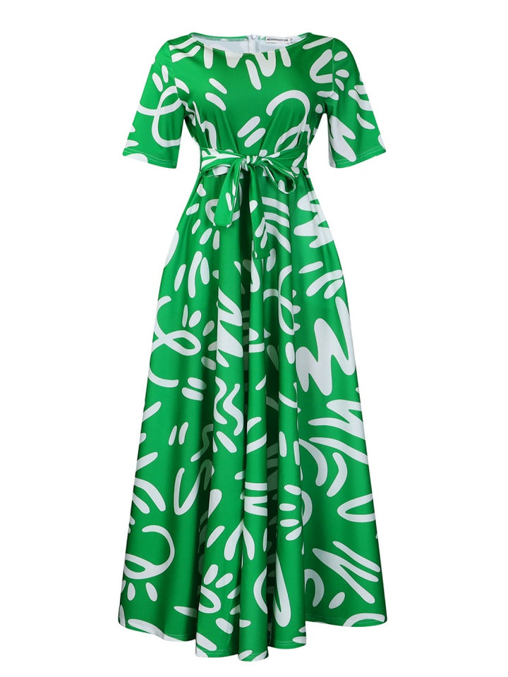 Graffiti Print Belted A-Line Maxi Dress