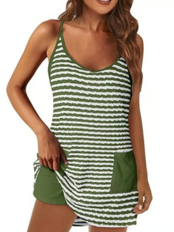 Striped Tankini Swim Dress with Shorts