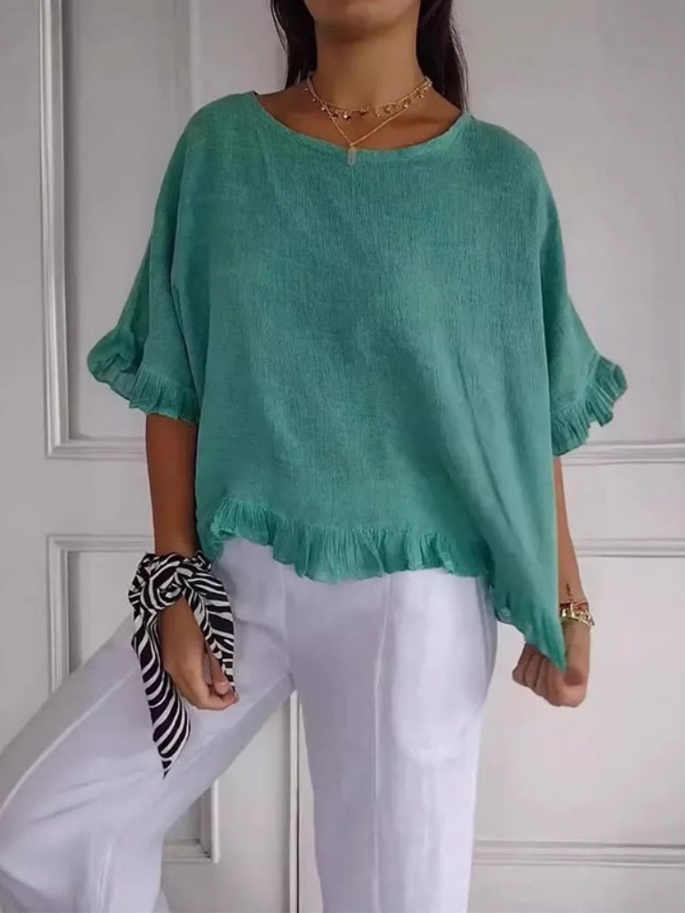 Crew Neck Ruffle Trim Short Sleeve Casual Cotton Blouse