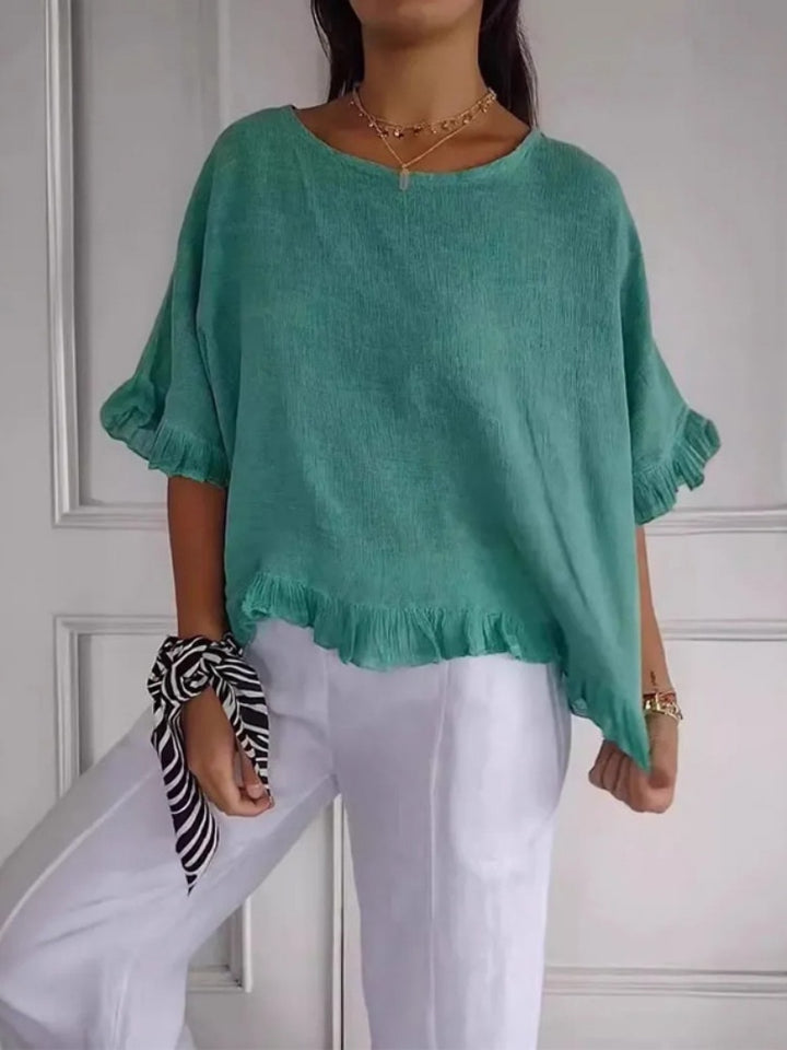 Crew Neck Ruffle Trim Short Sleeve Casual Cotton Blouse