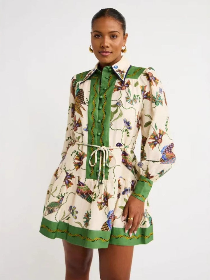 Vibrant Floral Peacock Print Puff Sleeve Belted Shirt Mini Dress