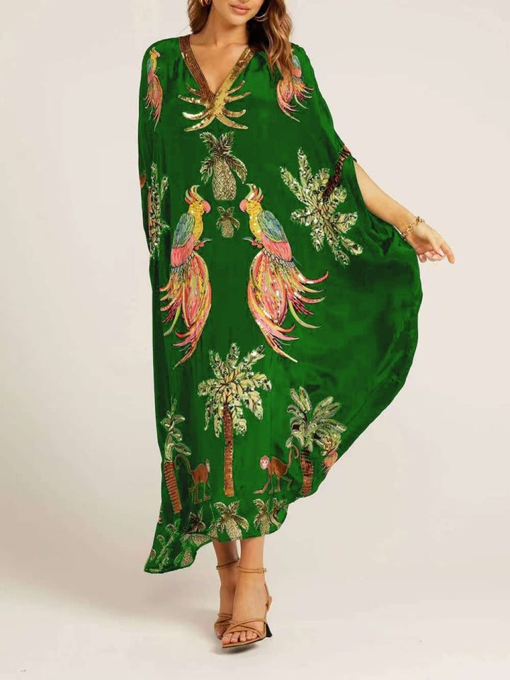 Sequin Tropical Print Kaftan Maxi Dress