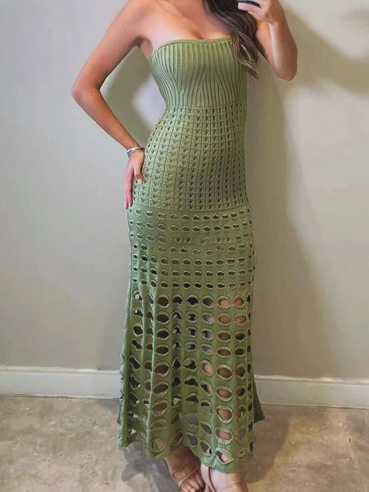 Strapless Crochet Knit Maxi Dress - High Stretch Hollow Out Beach Cover-Up