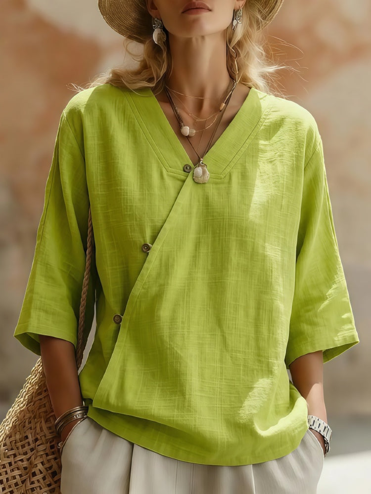 Asymmetric Button Linen Blend Blouse