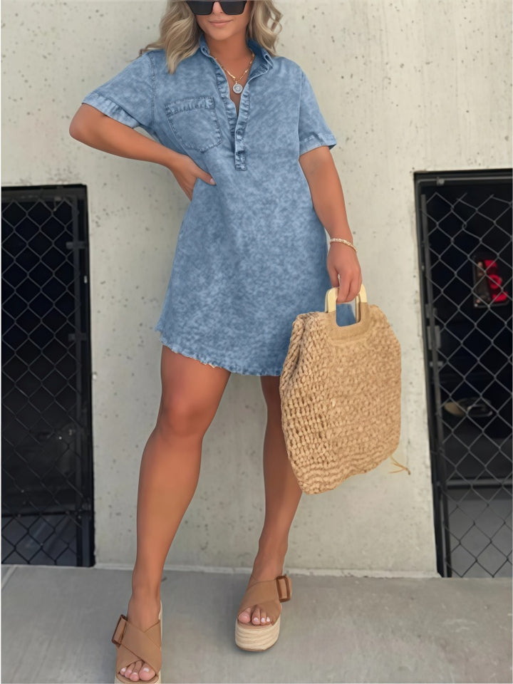 Women’s Collar Denim Skirt Tassel Hem Dress