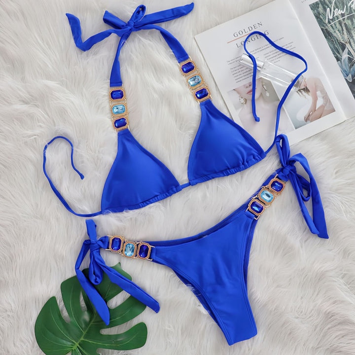 Crystal Embellished Halter Triangle Bikini Set