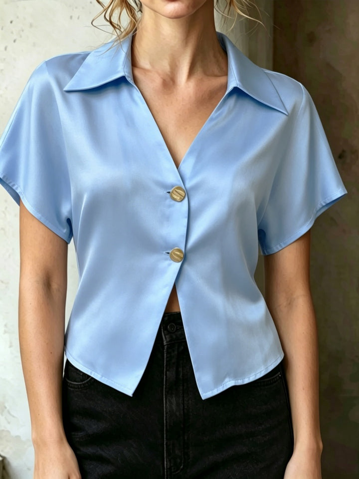 Satin V-Neck Button-Down Short Sleeve Blouse
