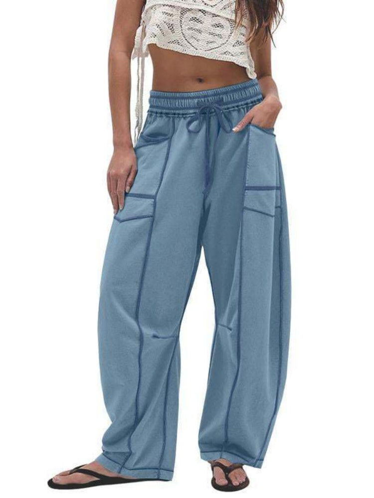Elastic Waist Contrast Stitch Wide Leg Pants