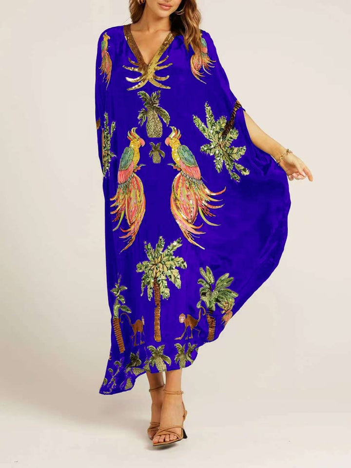 Sequin Tropical Print Kaftan Maxi Dress