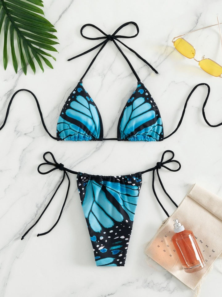 Butterfly Print Triangle Bikini Set – Tie Side
