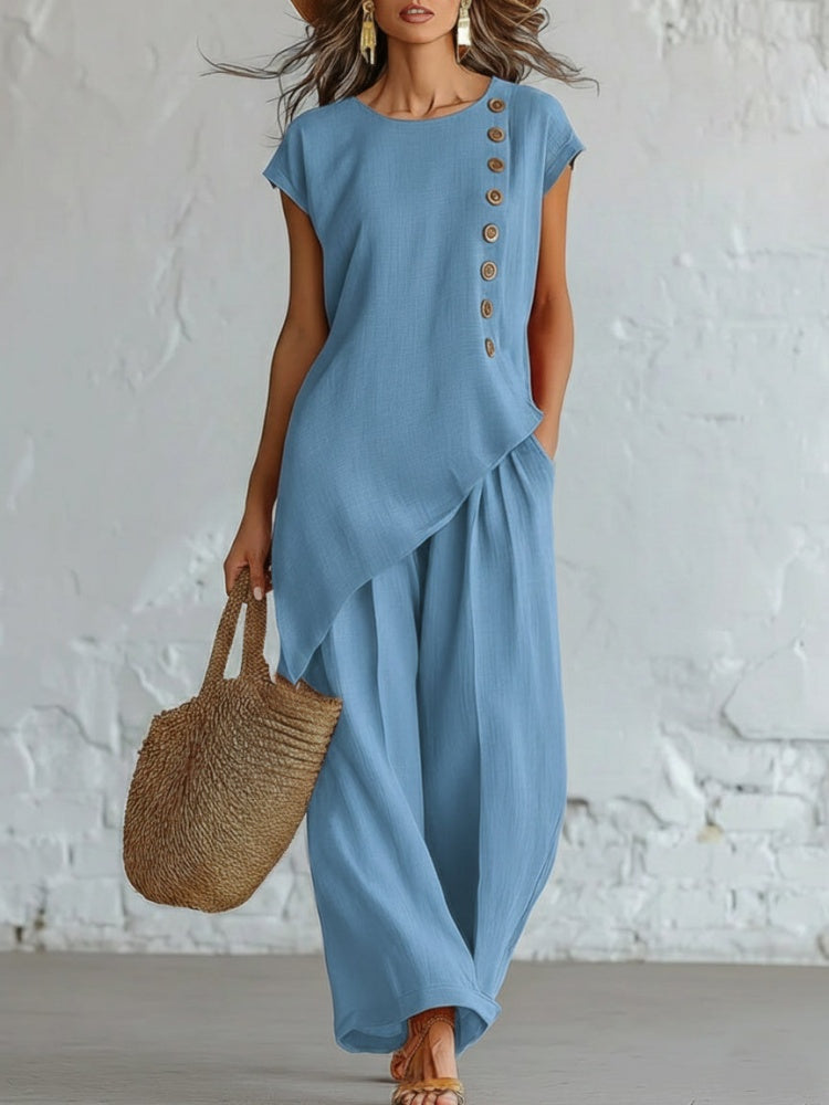 Asymmetrical Button Side Top &amp; Wide Leg Pants 2 Piece Linen Look Outfit Set