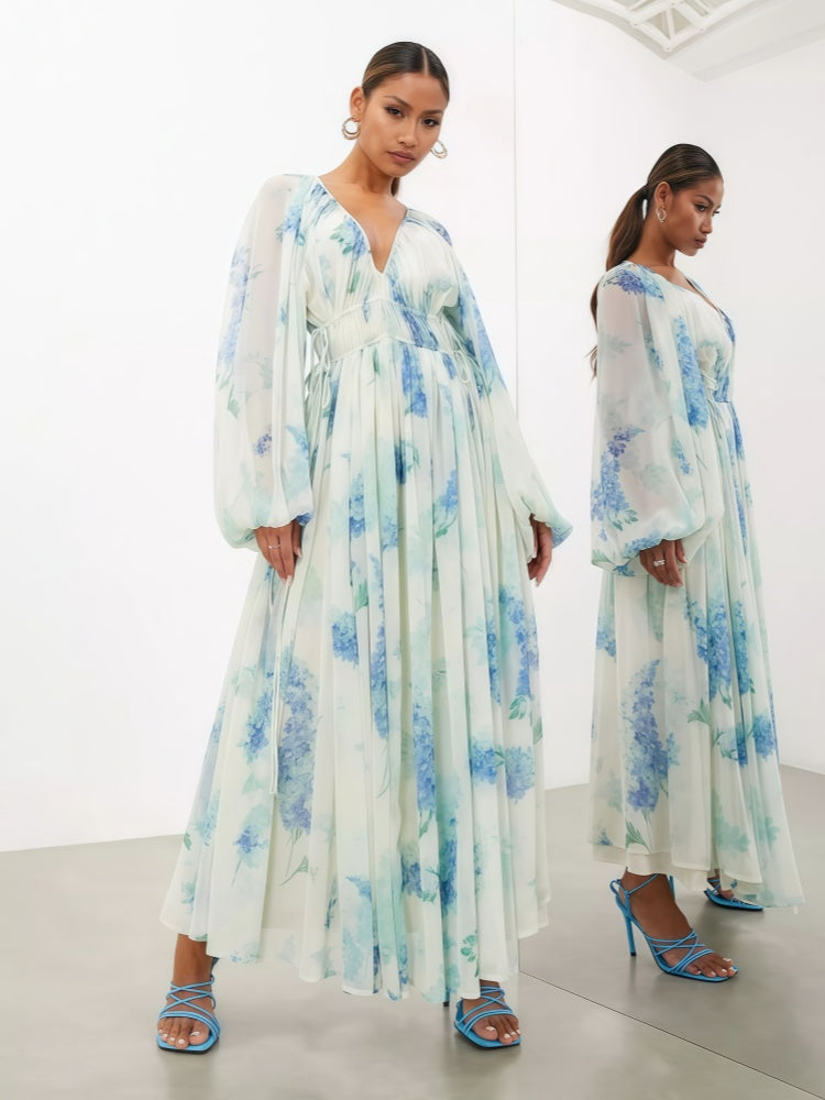 Floral Print Chiffon Balloon Sleeve Maxi Dress