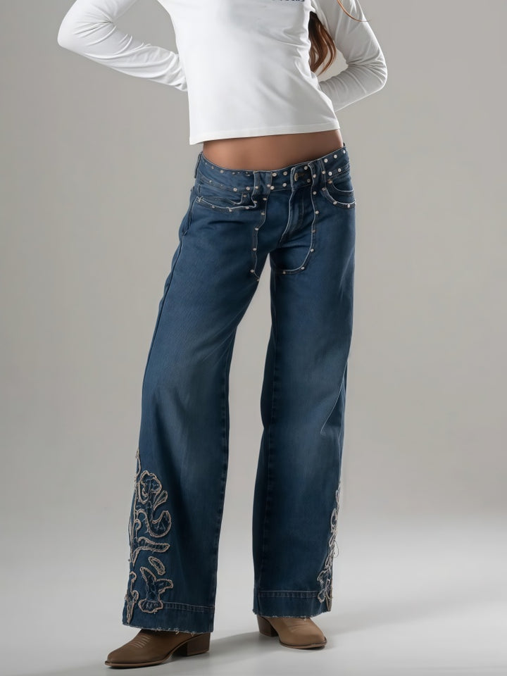 Rivet &amp; Patchwork High Waisted Wide Leg Jeans