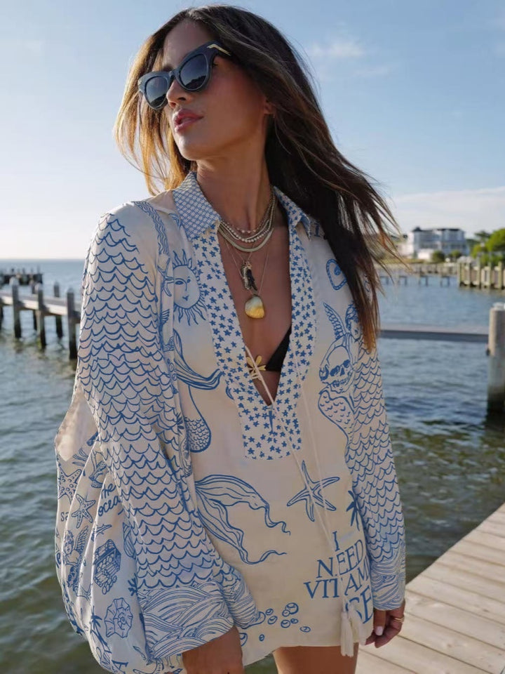 Nautical Print Oversized Shirt &amp; Shorts Set | Satin Beach Cover-Up 2-Piece