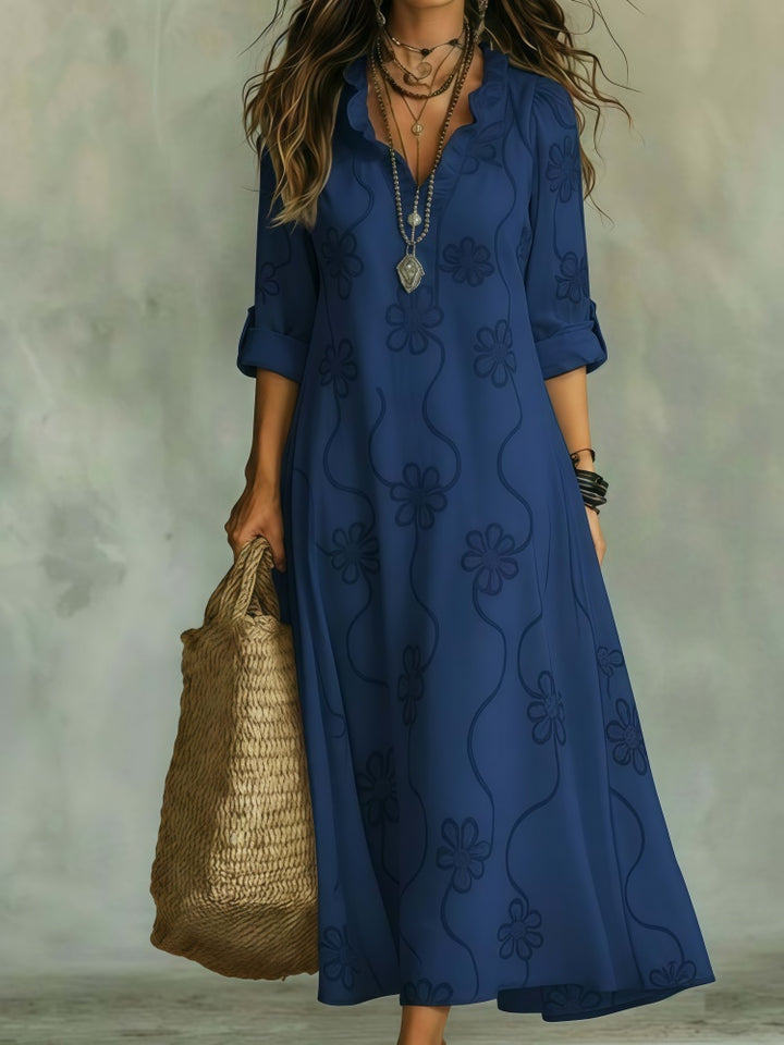 Ruffle V-Neck Floral Print Maxi Dress