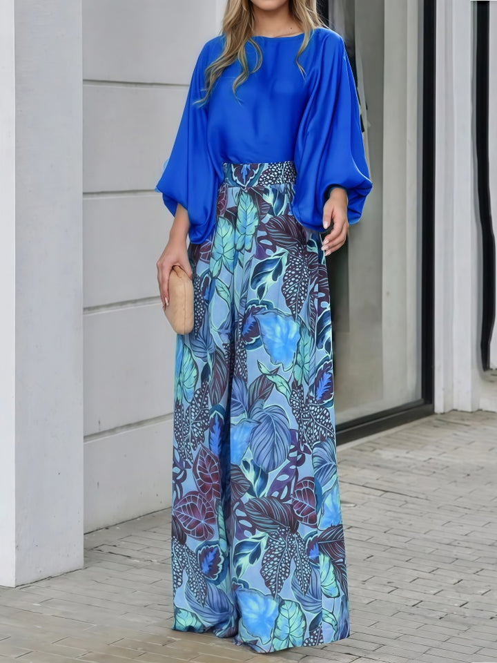 Solid Blouse &amp; Tropical Print Wide Leg Pants Two-Piece Set