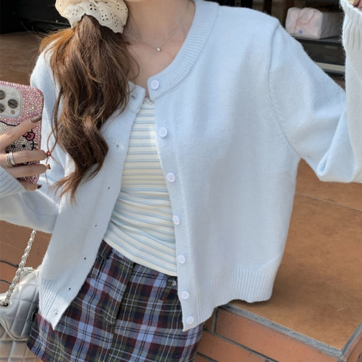 Solid Color Crew Neck Knit Cardigan