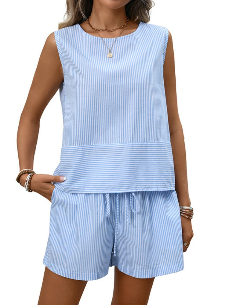 Striped Cotton Sleeveless Top &amp; Shorts 2-Piece Set - Casual Summer Outfit