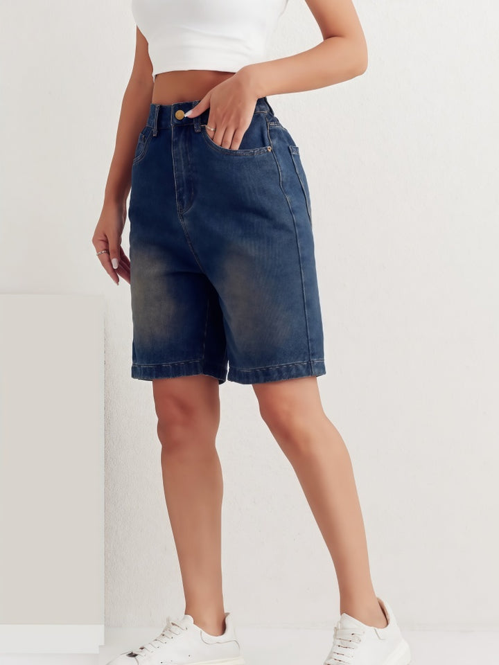 High Waist Vintage Washed Wide Leg Bermuda Denim Shorts