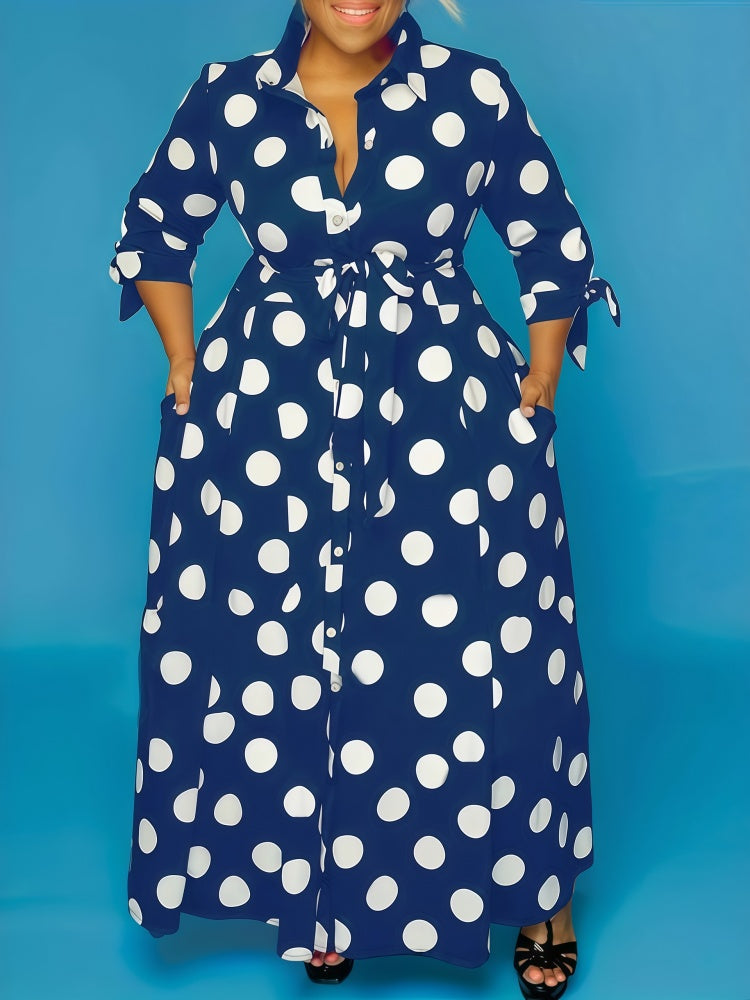 Polka Dot Tie Cuff Shirt Maxi Dress with Pockets