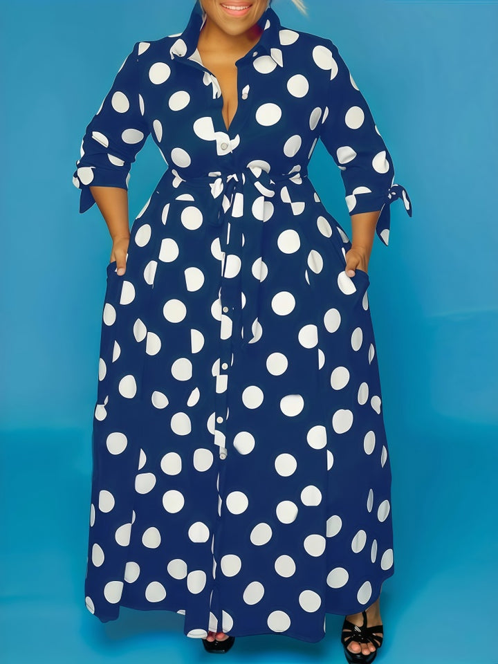 Polka Dot Tie Cuff Shirt Maxi Dress with Pockets