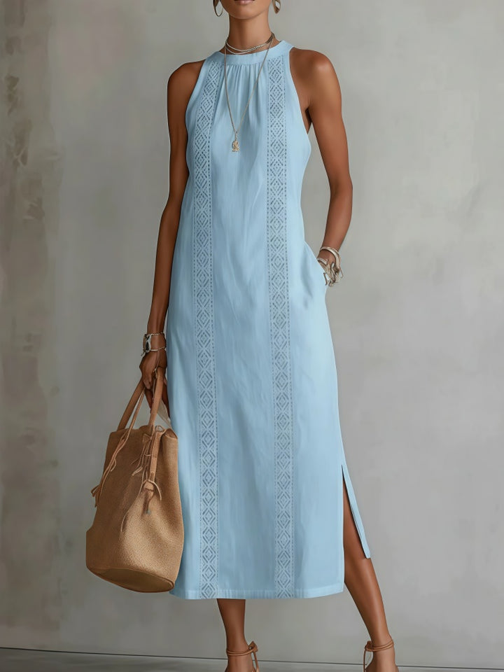 Lace-Trimmed Linen-Blend Halter Neck Midi Dress