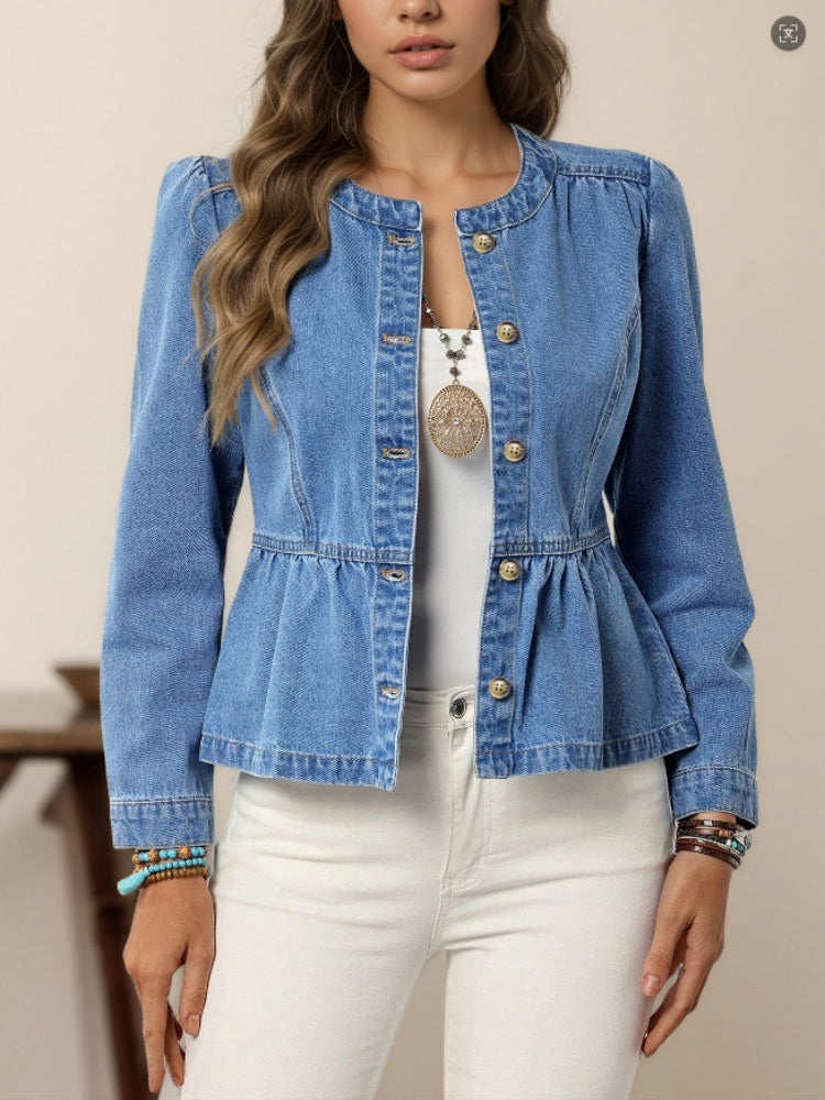 Round Neck Puff Sleeve Peplum Cropped Denim Jacket